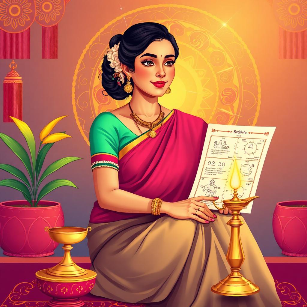 Illustration of Astrologer Devi Matha seated with a birth chart and a brass lamp